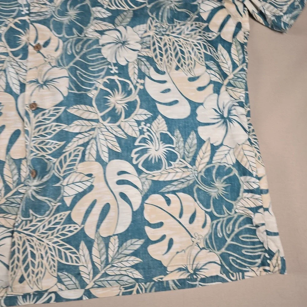 VTG KY's Hawaiian Shirt Mens 2XL Teal Hibiscus Floral Cotton Camp Made in USA